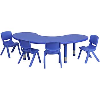 Flash Furniture Half-Moon Height Adjustable Activity Table Set with 4 Chairs, 35&quot; W x 65&quot; L, Plastic, Blue