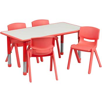 Flash Furniture Height Adjustable Activity Table Set with 4 Chairs, 23.63&quot; W x 47.25&quot; L, Plastic, Red