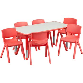 Flash Furniture Height Adjustable Activity Table Set with 6 Chairs, 23.63&quot; W x 47.25&quot; L, Plastic, Red