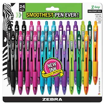 Zebra&#174; Z-Grip Retractable Ballpoint Pen, Assorted Ink, Medium Point, 24/Set