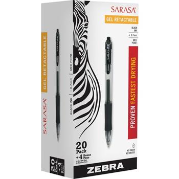 Zebra Sarasa Retractable Gel Pen, Black Ink, Medium, 24/Pack