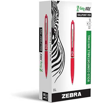Zebra&#174; Z-Grip MAX Ballpoint Retractable Pen, Red Ink, Bold, Dozen