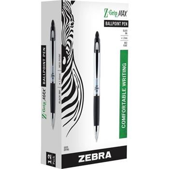 Zebra Z-Grip MAX Ballpoint Retractable Pen, Black Ink, Medium, Dozen