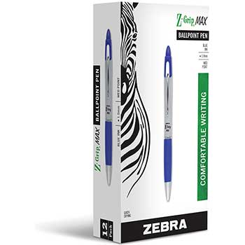 Zebra&#174; Z-Grip MAX Ballpoint Retractable Pen, Blue Ink, Medium, Dozen