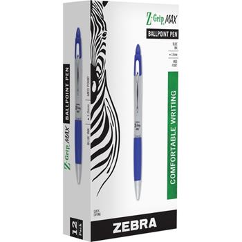 Zebra Z-Grip MAX Ballpoint Retractable Pen, Blue Ink, Medium, Dozen