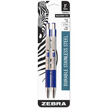 Zebra&#174; F-301 Retractable Ballpoint Pen, Blue In, Fine, 2/Pack