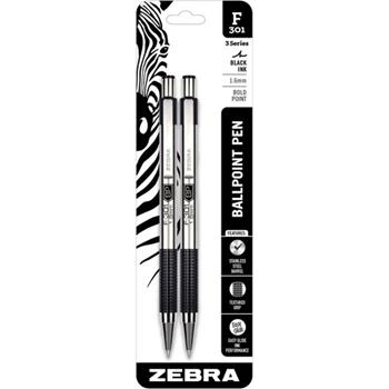 Zebra F-301 Retractable Ballpoint Pen, 1.6 mm, Black Ink, Stainless Steel/Black Barrel, 2/PK