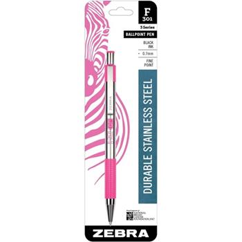 Zebra F-301 BCA Retractable Ballpoint Pen, Fine 0.7 mm, Black Ink, Stainless Steel/Pink Barrel
