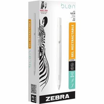 Zebra bLen Retractable Gel Pens, 0.7 mm, White Barrel, Black Ink, 12/Pack