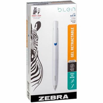 Zebra bLen Retractable Gel Pens, 0.7mm, White Barrel, Blue Ink, 12/Dozen