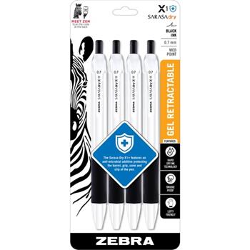 Zebra Sarasa Dry X1+ Gel Retractable Pen, Medium Point, 0.7 mm, Black, 4/Pack