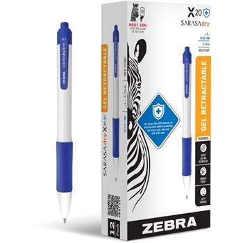 Zebra Sarasa Dry X20+ Gel Pen, Retractable, Fine 0.7 mm, Blue Ink, White Barrel, 12/PK
