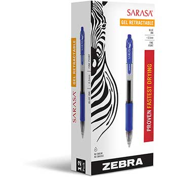 Zebra&#174; Sarasa Retractable Gel Pen, Blue Ink, Fine, Dozen
