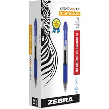 Zebra Sarasa Retractable Gel Pen, Blue Ink, Fine, Dozen