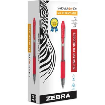 Zebra Sarasa Retractable Gel Pen, Red Ink, Fine, Dozen