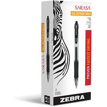 Zebra&#174; Sarasa Retractable Gel Pen, Black Ink, Medium, Dozen