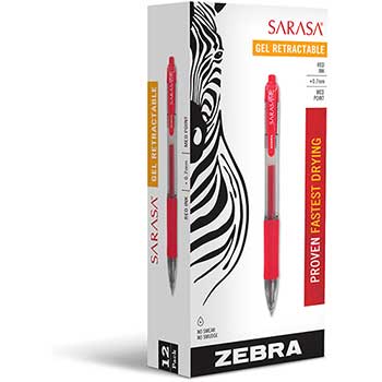 Zebra&#174; Sarasa Retractable Gel Pen, Red Ink, Medium, Dozen