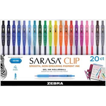 Zebra Sarasa Clip Gel Retractable, Fine 0.5 mm, Assorted Ink/Barrel, 20/Set