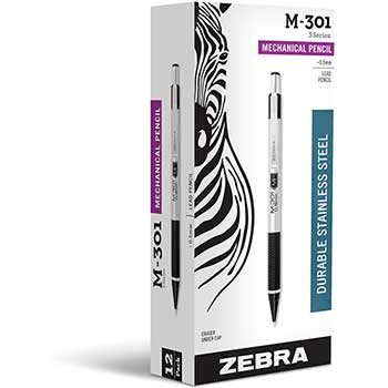 Zebra&#174; M-301 Mechanical Pencil, 0.5 mm, Stainless Steel w/Black Accents Barrel