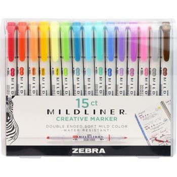 Zebra Mildliner Double Ended Highlighter, Chisel/Bullet Tip, Assorted Colors, 15/PK