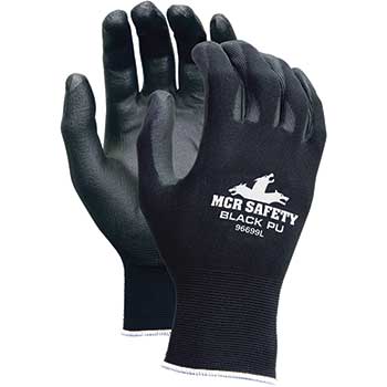 MCR Safety Gloves, 13 Gauge Black Poly Shell, PU Palm &amp; Fingers, Black, Large, 12/PK