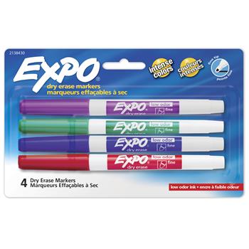 EXPO Dry Erase Markers With Low Odor Ink, Fine Tip, Assorted Vibrant Colors, 4/PK