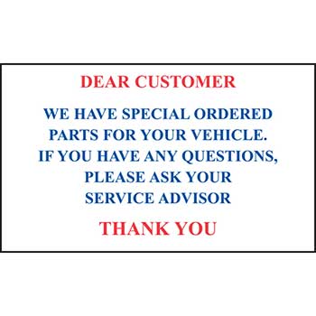 Auto Supplies Static Cling Reminders, Part on Order (Dear Customer), 100/BX