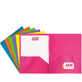 JAM Paper Plastic 2 Pocket School POP Presentation Folders with Prong Clasp Fasteners, Assorted Colors, 6/PK, 2/BX