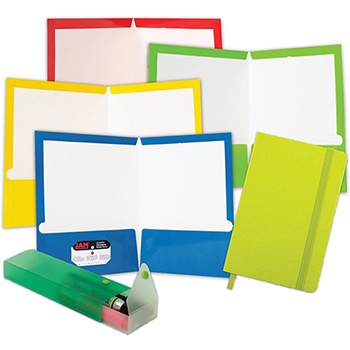 JAM Paper Back To School Assortments, 4 Folders, 1 Journal, 1 Pencil Case, Green Glossy