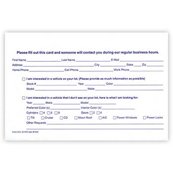 Auto Supplies Customer Lead Cards, 1-Part, 5.5&quot; x 8.5&quot;, White, 100 Cards