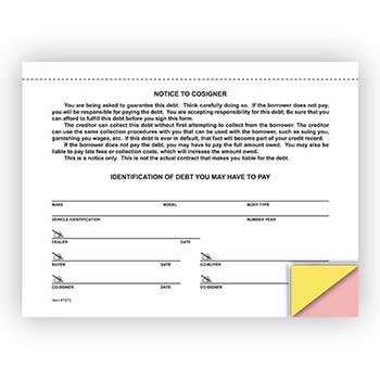 Auto Supplies Notice to Co-Signer, 3 Part Snap-Out, 100/BX