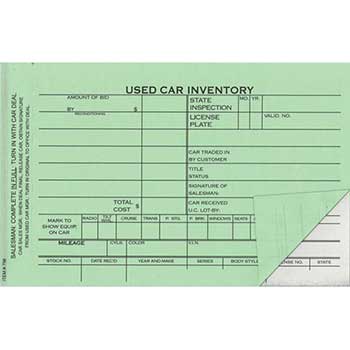 Auto Supplies Used Car Inventory Card, 2 Part, 6 5/8&quot; x 4 1/4&quot;, 100/PK