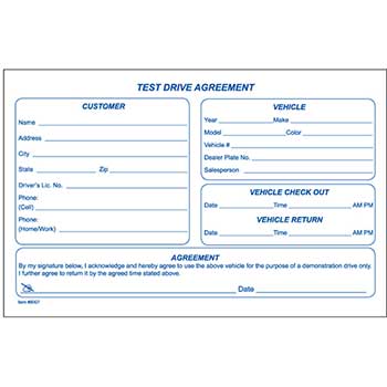 Auto Supplies Test Drive Agreement Form, 100/PK