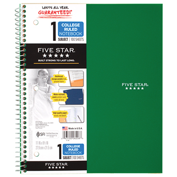 Five Star 3-Hole Punched Wirebound Notebook, College Ruled, 8.5&quot; x 11&quot;, White Paper, Green Cover, 100 Sheets