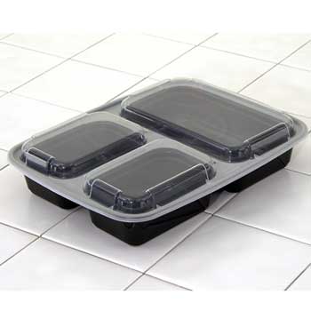 Pactiv 32 oz. Rectangle Black Versa Container and Lid, 3-Compartment, 150/CS