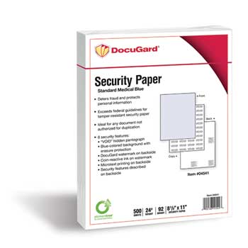 DocuGard Standard Blue Medical Security Paper, 24 lb, 8.5&quot; x 11&quot;, 500 Sheets/Ream