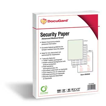 DocuGard™ 8 1/2 x 11, 24 lb, Advanced Green Medical Security Paper, 500 Sheets/Ream