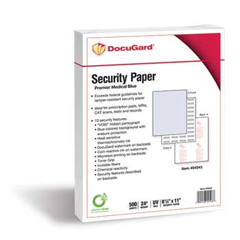 DocuGard Premier Blue Medical Security Paper, 24 lb, 8.5&quot; x 11&quot;, 500 Sheets/Ream