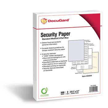 DocuGard™ 8 1/2 x 11, 24 lb, Standard 2-Part (Blue/Canary) Medical Security Paper, 250 Sets/Ream