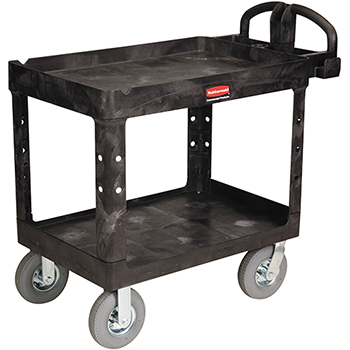 Rubbermaid Commercial Heavy Duty 2-Shelf Utility/Service Cart, Small, Lipped Shelves, Ergonomic Handle, Pneumatic Casters, 500 lbs. Capacity, Black