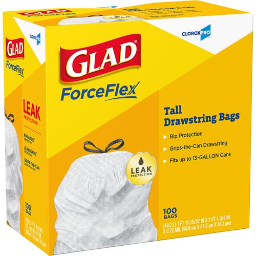 Glad® ForceFlex Tall Kitchen Drawstring Trash Bags, 13 Gallon, 100/BX ...