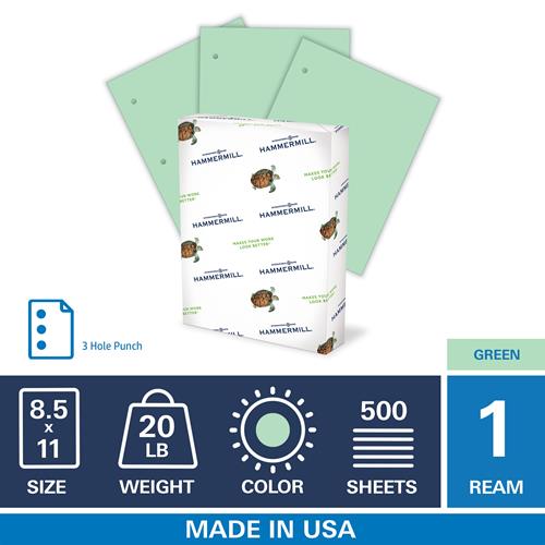 Hammermill Colored Paper, 20lb Green Copy Paper, 3 HP, 8.5" x 11", 1