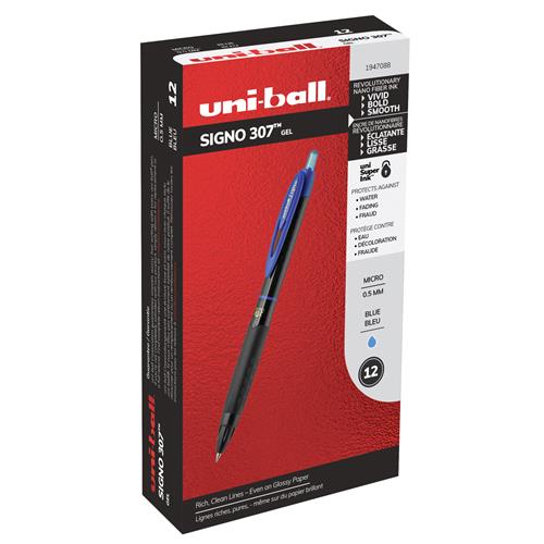 uniball® 307 Retractable Gel Pens, Micro Point (0.5mm), Blue, 12 Count